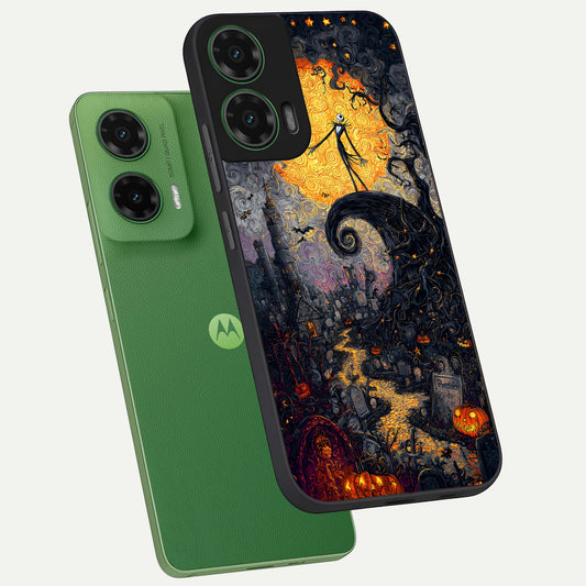 Pumpkin Moon Night phone case For Moto G35 showing premium glass back cover with detailed artwork