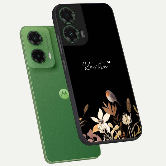 Quiet Garden Tune Custom Name phone case For Moto G35 showing premium glass back cover with detailed artwork