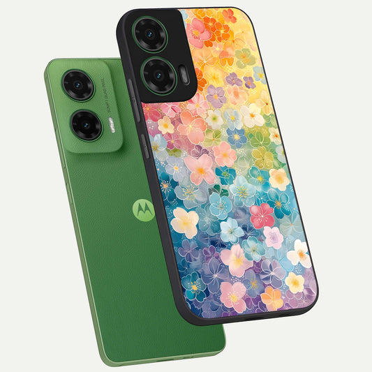 Rainbow Blossom Burst phone case For Moto G35 showing premium glass back cover with detailed artwork