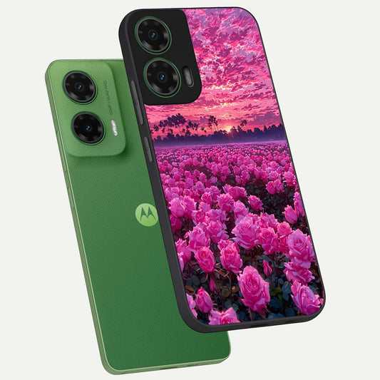 Rose Sunset Valley phone case For Moto G35 showing premium glass back cover with detailed artwork