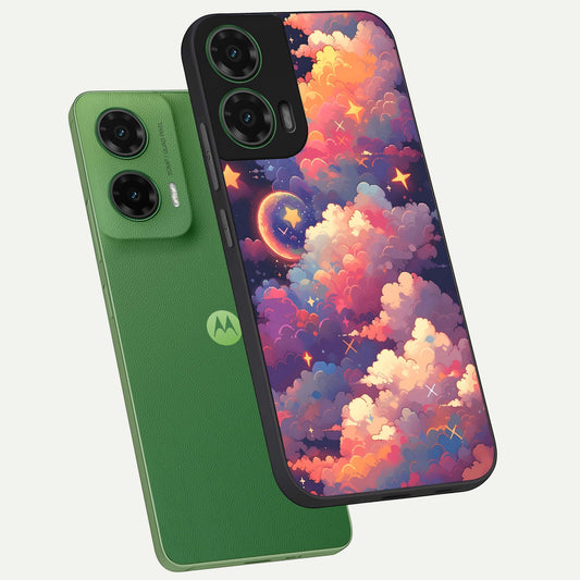 Starlit Dream Clouds phone case For Moto G35 showing premium glass back cover with detailed artwork
