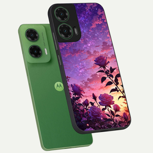Starlit Rose Twilight phone case For Moto G35 showing premium glass back cover with detailed artwork