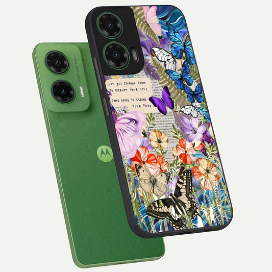 Storm Path Bloom phone case For Moto G35 showing premium glass back cover with detailed artwork