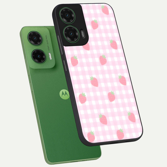 Strawberry Picnic Love phone case For Moto G35 showing premium glass back cover with detailed artwork