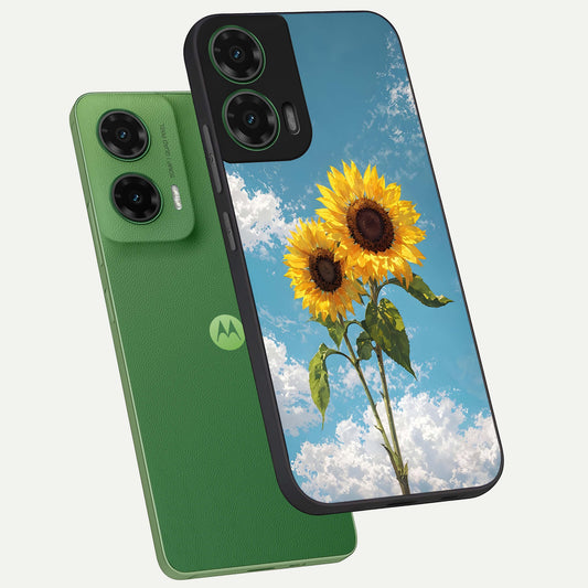 Sunlit Daisy Glow phone case For Moto G35 showing premium glass back cover with detailed artwork