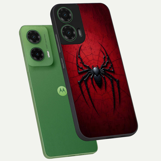 Superhero Web Emblem phone case For Moto G35 showing premium glass back cover with detailed artwork
