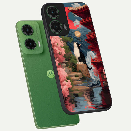 Temple Cat Scenery phone case For Moto G35 showing premium glass back cover with detailed artwork