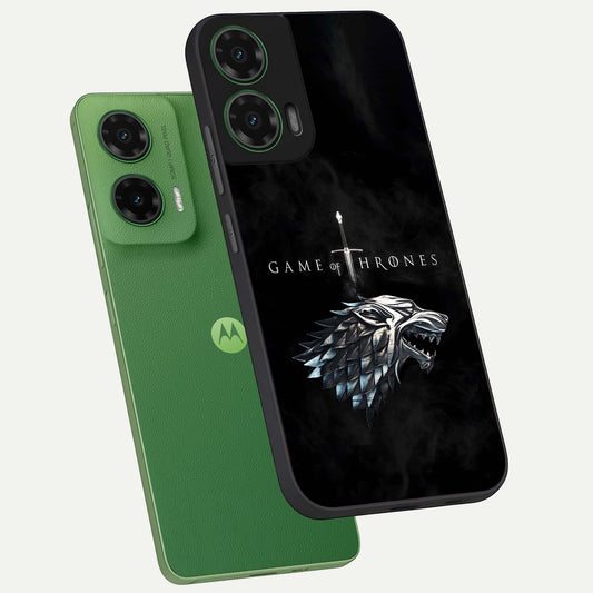 Throne Wolf Legacy phone case For Moto G35 showing premium glass back cover with detailed artwork