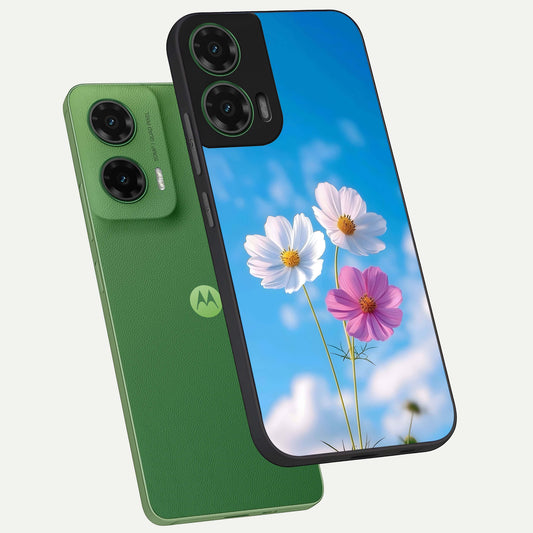 Tripple Flowers With Sky phone case For Moto G35 showing premium glass back cover with detailed artwork