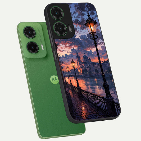 Twilight River Lights phone case For Moto G35 showing premium glass back cover with detailed artwork