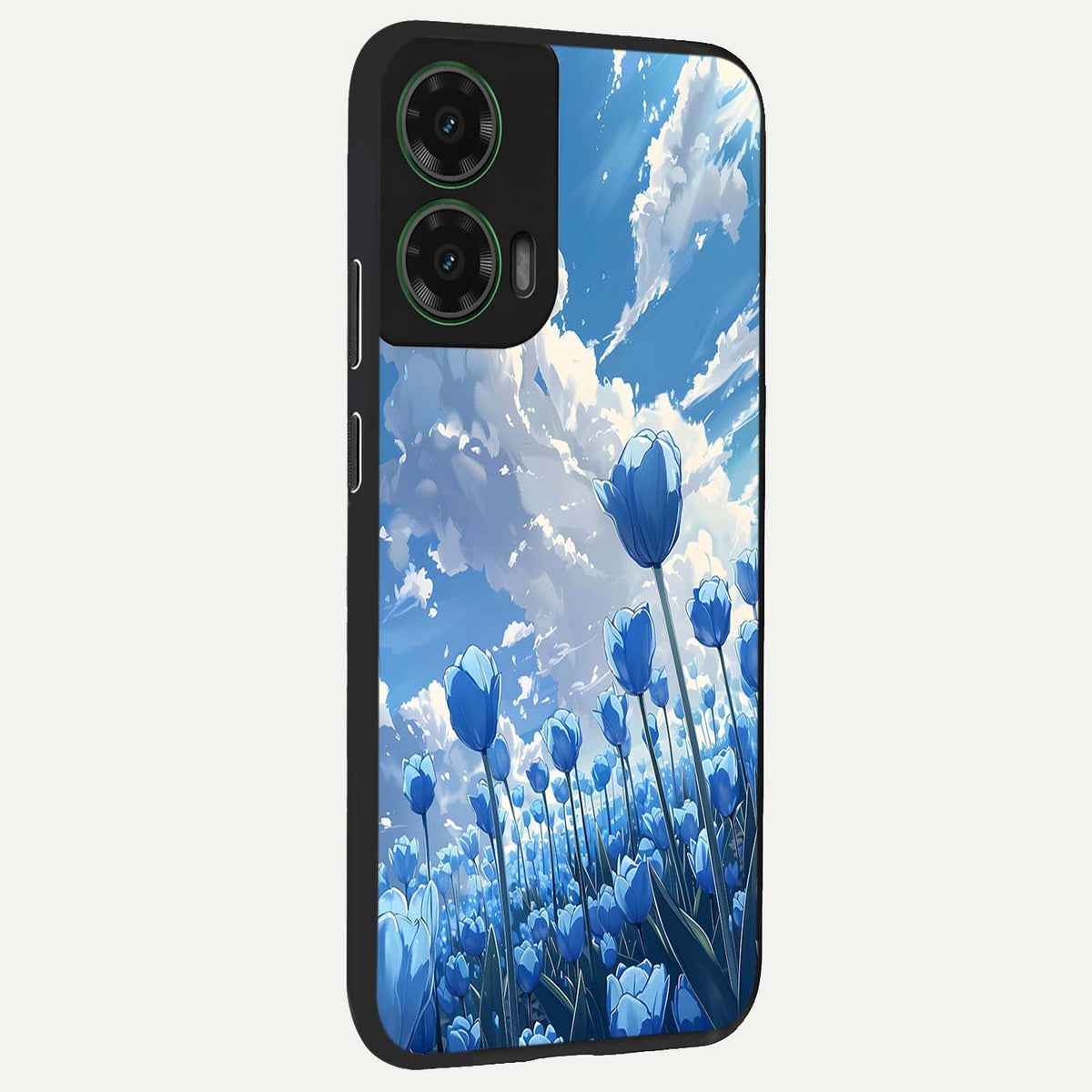 Blue Tulip Clouds back cover For Moto G35 slim fit glass case with vibrant aesthetic design