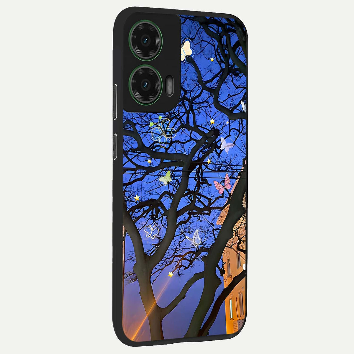 Butterfly Night Magic back cover For Moto G35 slim fit glass case with vibrant aesthetic design