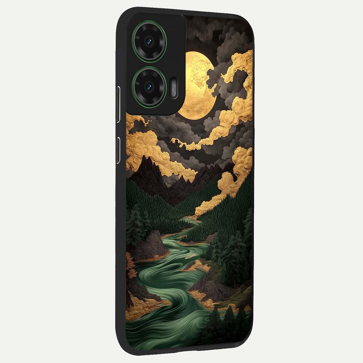 Golden River Moon back cover For Moto G35 slim fit glass case with vibrant aesthetic design