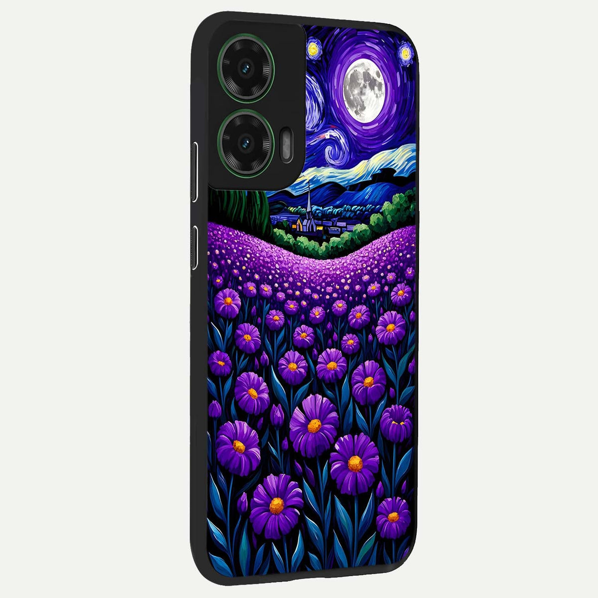 Lavender Moon Field back cover For Moto G35 slim fit glass case with vibrant aesthetic design