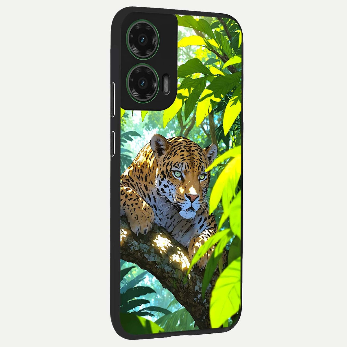 Leopard in Jungle back cover For Moto G35 slim fit glass case with vibrant aesthetic design