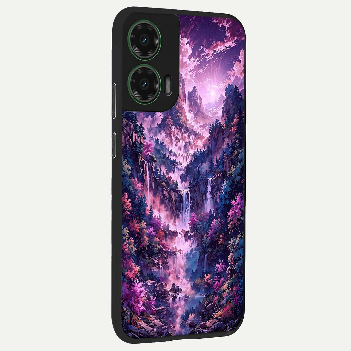 Mystic Cascade Peaks back cover For Moto G35 slim fit glass case with vibrant aesthetic design