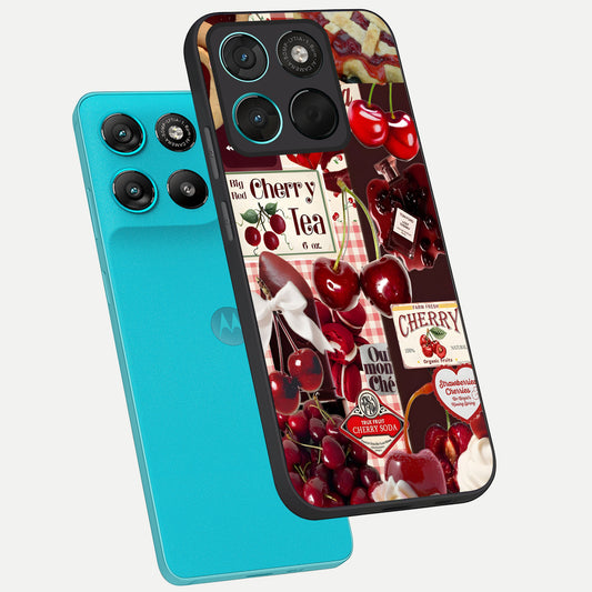 Aesthetic Cherry Tea phone case For Moto G57 Power showing premium glass back cover with detailed artwork