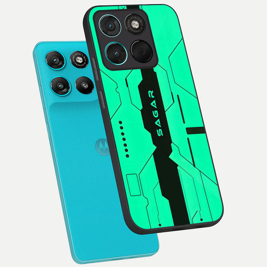 Aqua Tech CYBERPUNK Custom Name phone case For Moto G57 Power showing premium glass back cover with detailed artwork