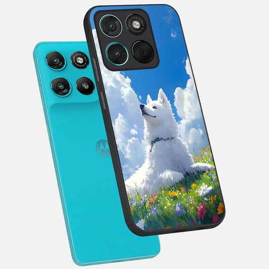 Blissful Cloud Pup phone case For Moto G57 Power showing premium glass back cover with detailed artwork