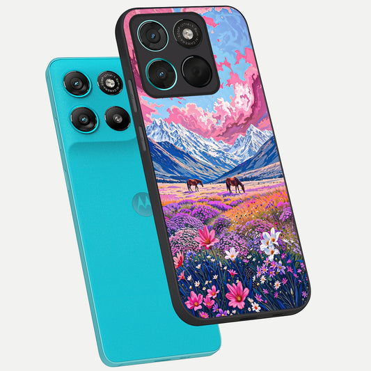 Blossom Valley Dream phone case For Moto G57 Power showing premium glass back cover with detailed artwork