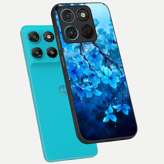 Blue Blossoms Branch phone case For Moto G57 Power showing premium glass back cover with detailed artwork