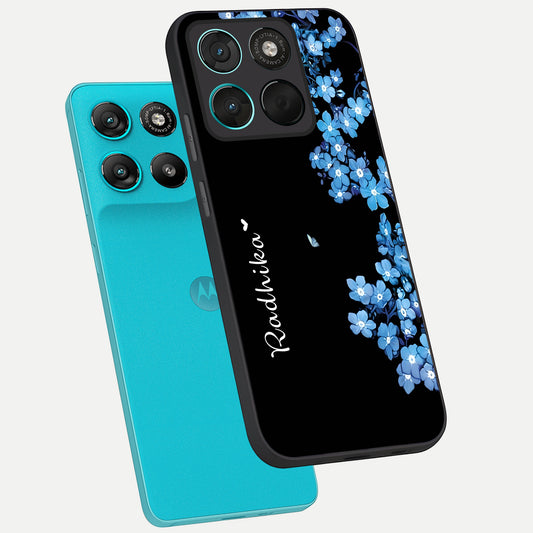Blue Petal Dream Custom Name phone case For Moto G57 Power showing premium glass back cover with detailed artwork