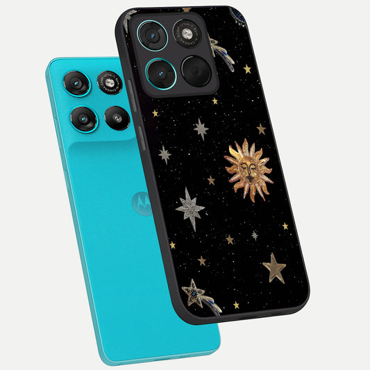 Celestial Moon With Stars phone case For Moto G57 Power showing premium glass back cover with detailed artwork
