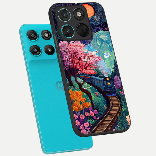 Celestial Train Journey phone case For Moto G57 Power showing premium glass back cover with detailed artwork