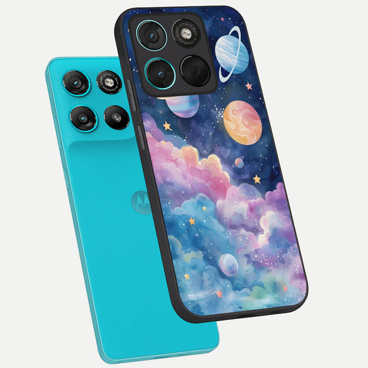 Cosmic Planet Dreams phone case For Moto G57 Power showing premium glass back cover with detailed artwork