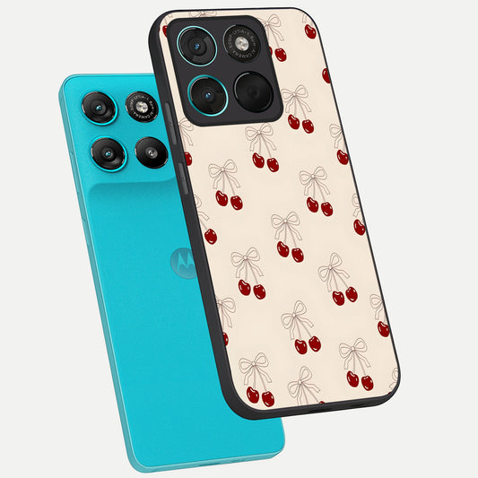 Cute Cherry Pattern phone case For Moto G57 Power showing premium glass back cover with detailed artwork