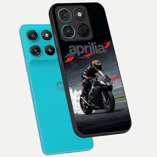 Dark Aprilla phone case For Moto G57 Power showing premium glass back cover with detailed artwork