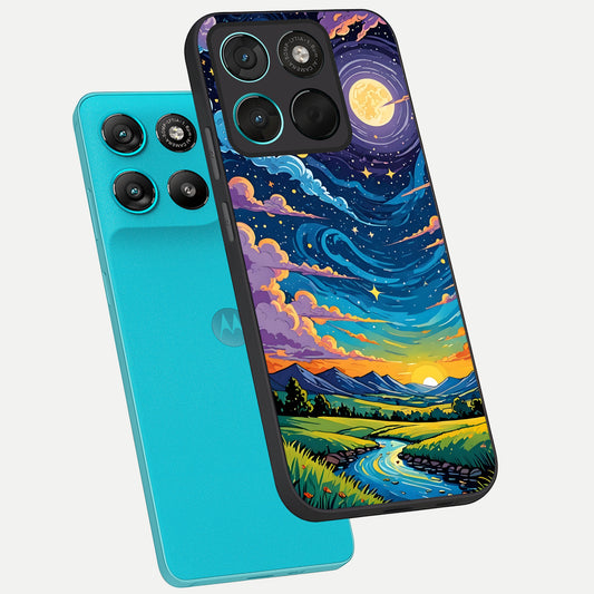 Dreamy Night Landscape phone case For Moto G57 Power showing premium glass back cover with detailed artwork