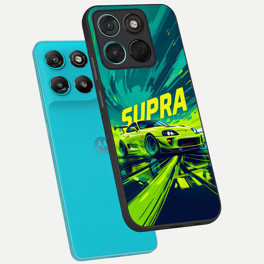 Electric Supra Thunder phone case For Moto G57 Power showing premium glass back cover with detailed artwork