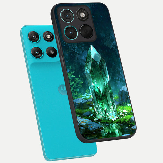 Emerald Light Crystal phone case For Moto G57 Power showing premium glass back cover with detailed artwork