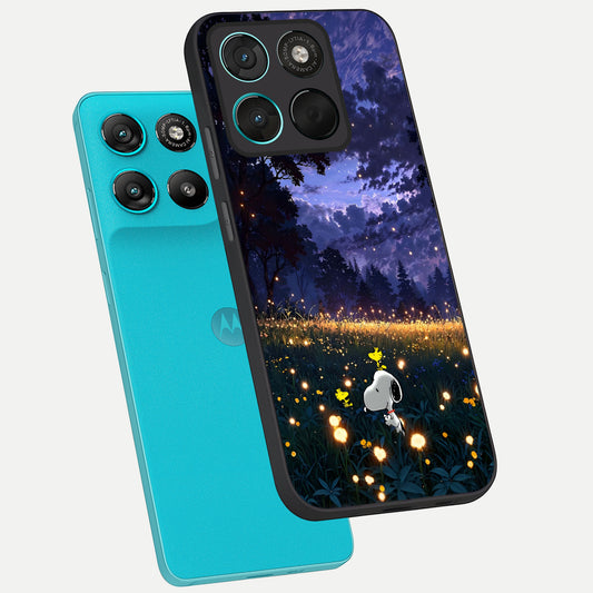 Firefly Meadow Magic phone case For Moto G57 Power showing premium glass back cover with detailed artwork