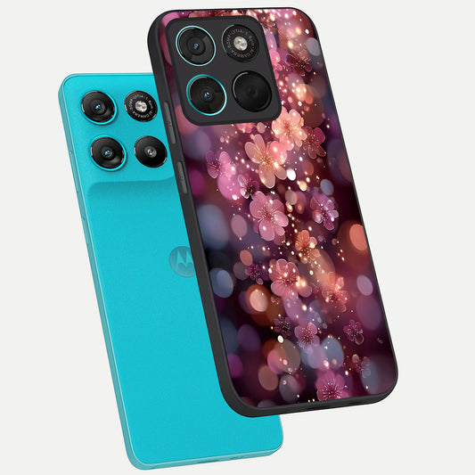 Glowing Petal Bliss phone case For Moto G57 Power showing premium glass back cover with detailed artwork
