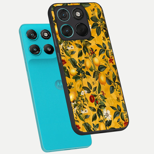 Golden Lemon Field phone case For Moto G57 Power showing premium glass back cover with detailed artwork