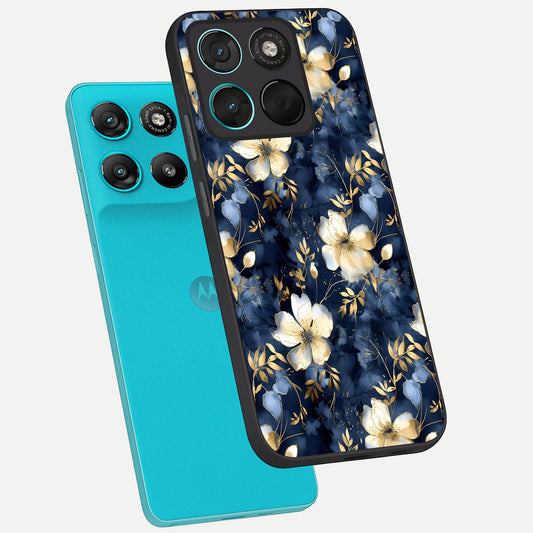 Golden Midnight Bloom phone case For Moto G57 Power showing premium glass back cover with detailed artwork