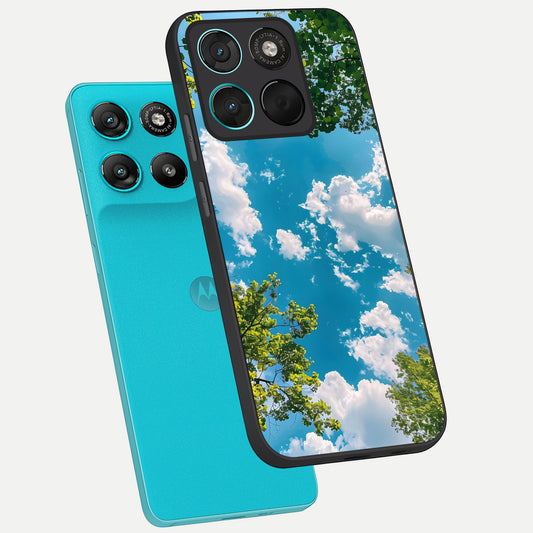 Green Moon Energy phone case For Moto G57 Power showing premium glass back cover with detailed artwork