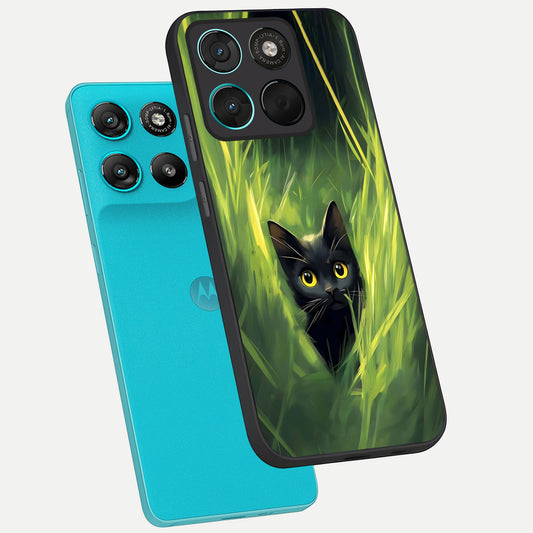 Hidden Cat Whisper phone case For Moto G57 Power showing premium glass back cover with detailed artwork
