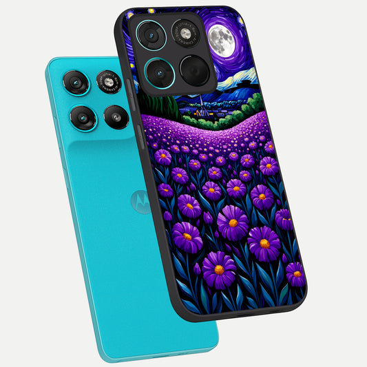 Lavender Moon Field phone case For Moto G57 Power showing premium glass back cover with detailed artwork