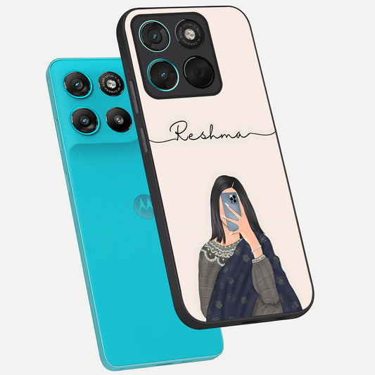Mirror Mood Muse With Custom Name phone case For Moto G57 Power showing premium glass back cover with detailed artwork