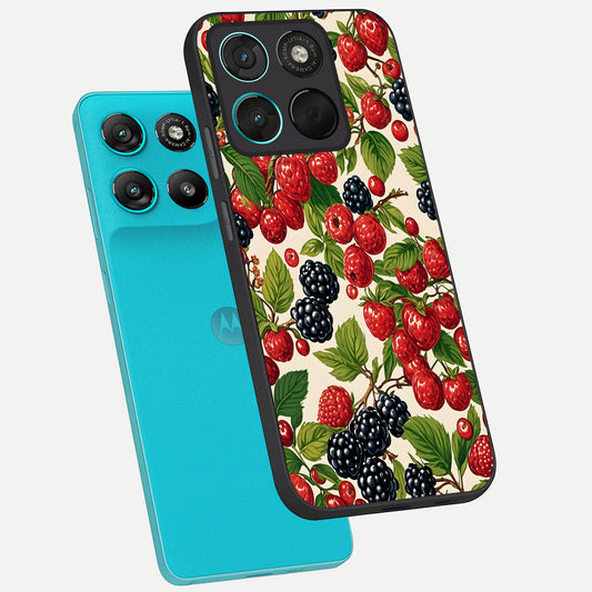 Mixed Berry Collage phone case For Moto G57 Power showing premium glass back cover with detailed artwork