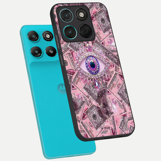 Money Eye Luxe phone case For Moto G57 Power showing premium glass back cover with detailed artwork