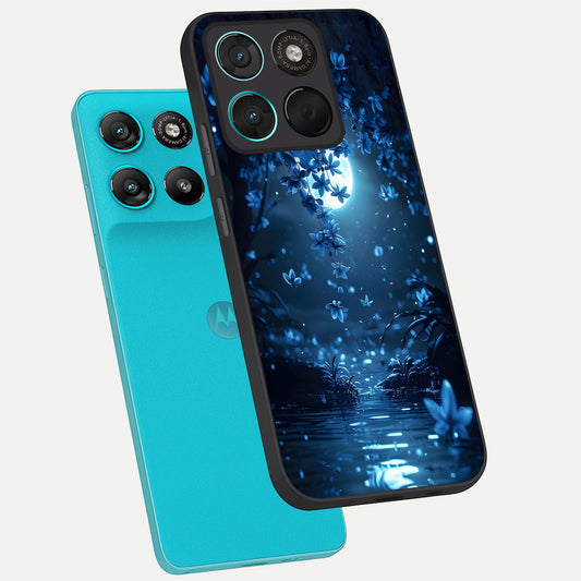 Moonlight Petal Dream phone case For Moto G57 Power showing premium glass back cover with detailed artwork
