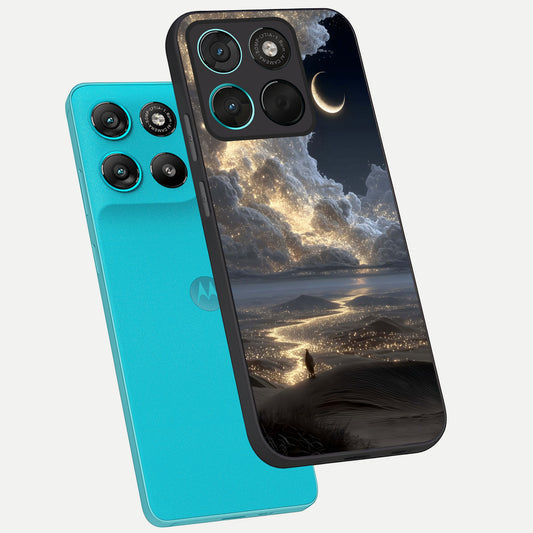 Moonlight Spark Path phone case For Moto G57 Power showing premium glass back cover with detailed artwork