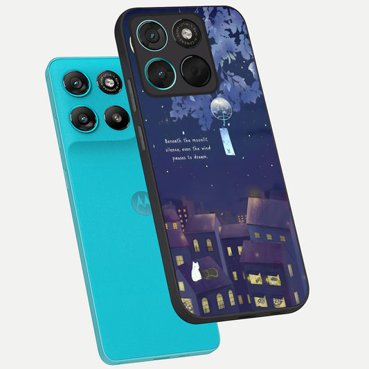 Moonlit Cat Silence phone case For Moto G57 Power showing premium glass back cover with detailed artwork