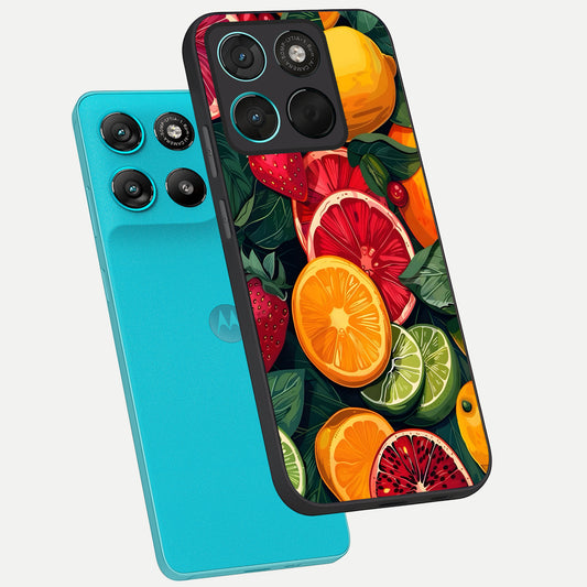 Multiple Fruits phone case For Moto G57 Power showing premium glass back cover with detailed artwork