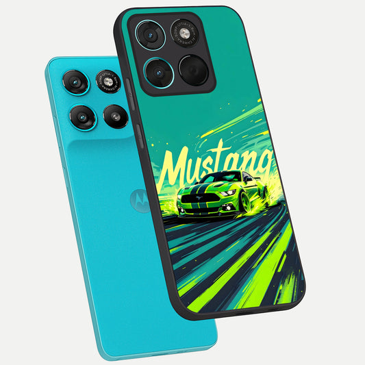 Mustang Bang phone case For Moto G57 Power showing premium glass back cover with detailed artwork
