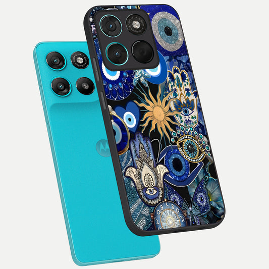 Mystic Blue Evil Eye phone case For Moto G57 Power showing premium glass back cover with detailed artwork